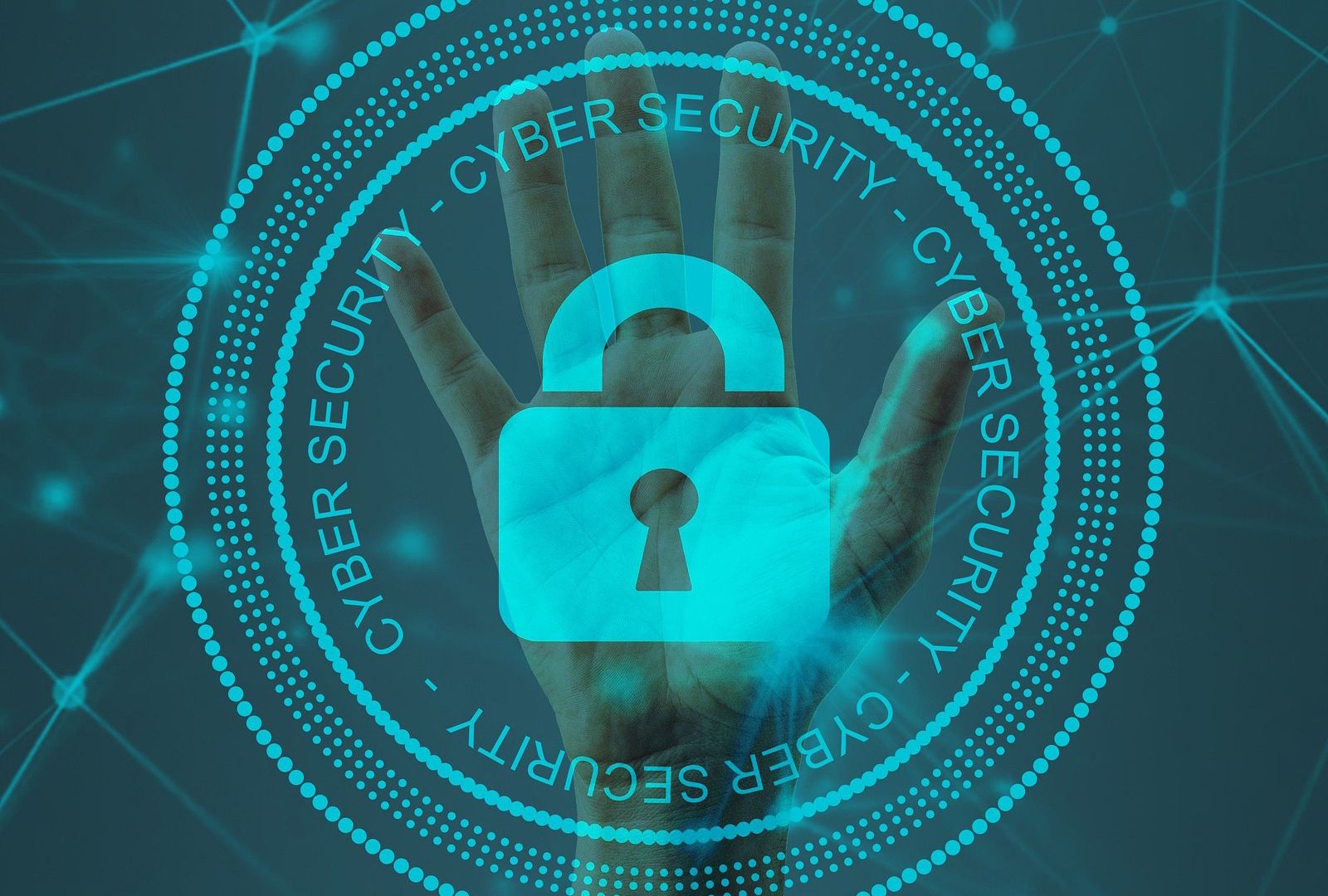 hand behind a padlock and cybersecurity seal