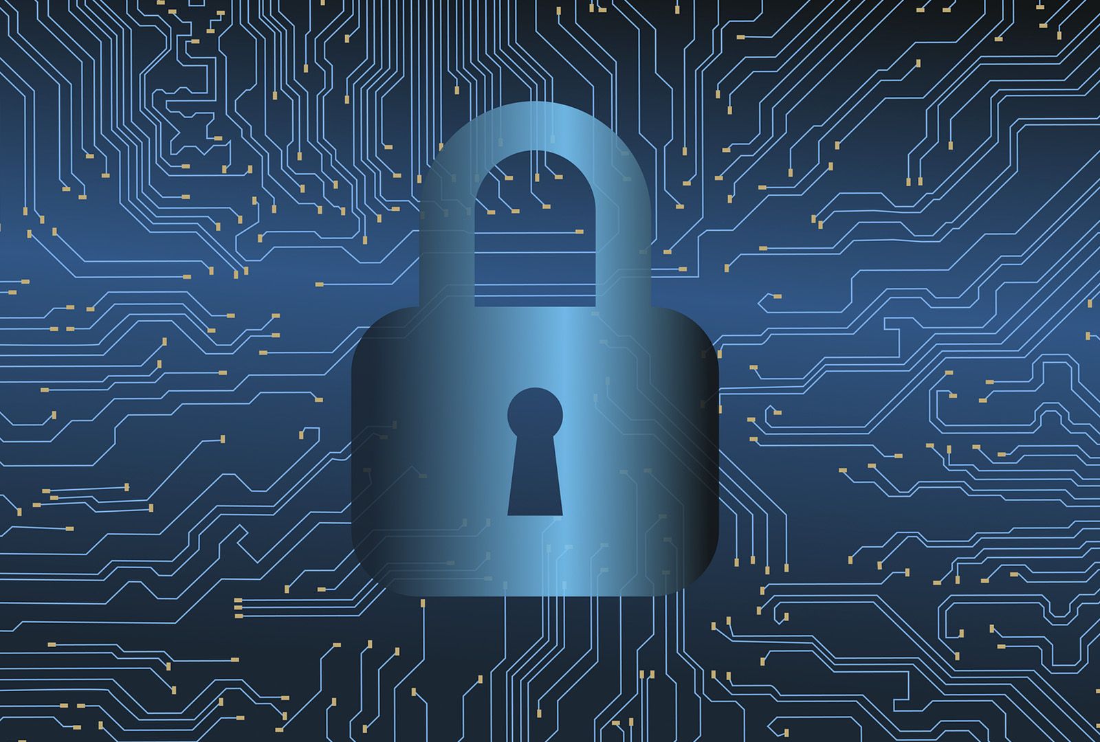 A padlock icon in front of a stylized circuit board background