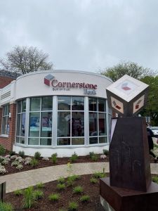 Original sculpture in front of Cornerstone Bank's Tatnuck Square branch