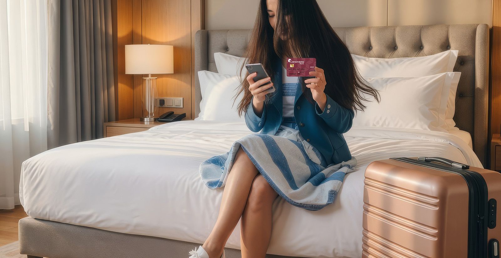 person banking on their phone in a hotel room with luggage